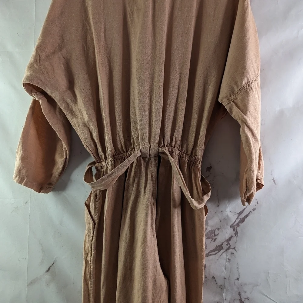Free People Jumpsuit Womens XS Pink Linen Button Crop Belted Slouchy Pocket